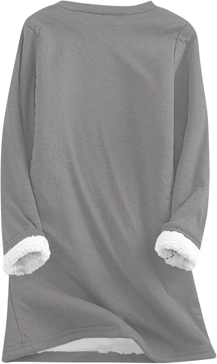 Womens Fleece Crewneck Sweatshirts Thermal Fleece Tops Round Neck Long Sleeve Pullover