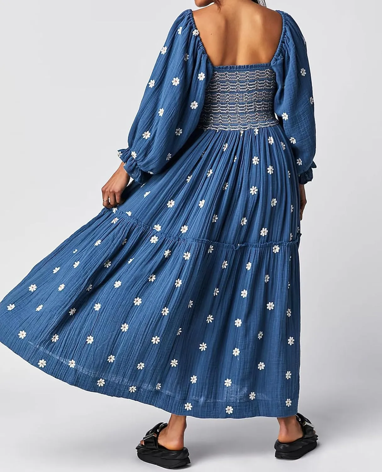 Womens Floral Embroidered Dresses Long Puff Sleeve Square Neck Smocked Tiered Ruffle Maxi Dress Beach Summer Spring Dresses