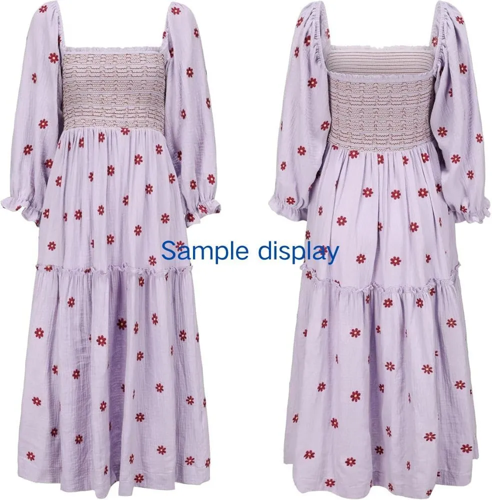 Womens Floral Embroidered Dresses Long Puff Sleeve Square Neck Smocked Tiered Ruffle Maxi Dress Beach Summer Spring Dresses