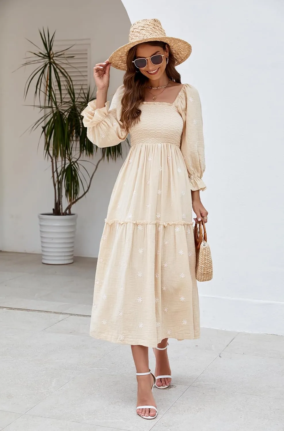 Womens Floral Embroidered Dresses Long Puff Sleeve Square Neck Smocked Tiered Ruffle Maxi Dress Beach Summer Spring Dresses