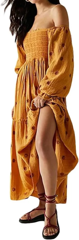 Womens Floral Embroidered Dresses Long Puff Sleeve Square Neck Smocked Tiered Ruffle Maxi Dress Beach Summer Spring Dresses