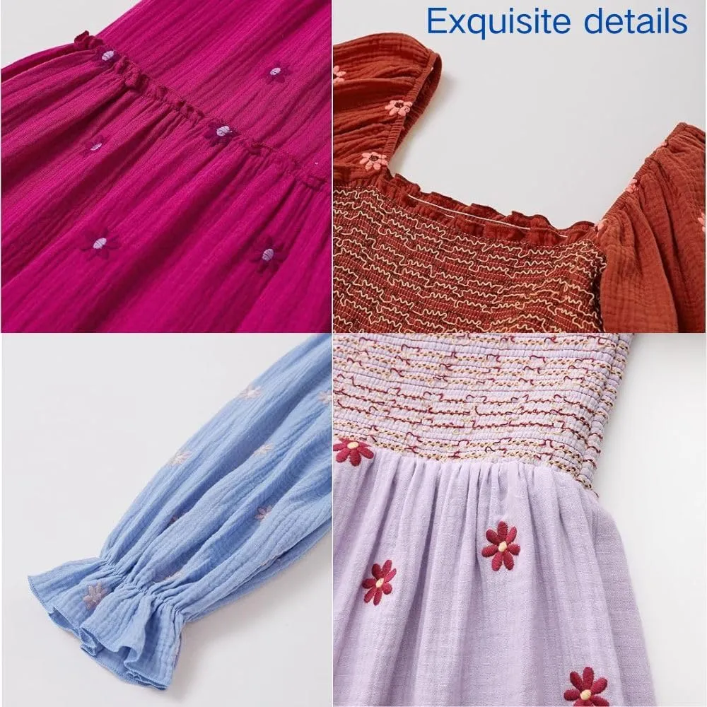 Womens Floral Embroidered Dresses Long Puff Sleeve Square Neck Smocked Tiered Ruffle Maxi Dress Beach Summer Spring Dresses