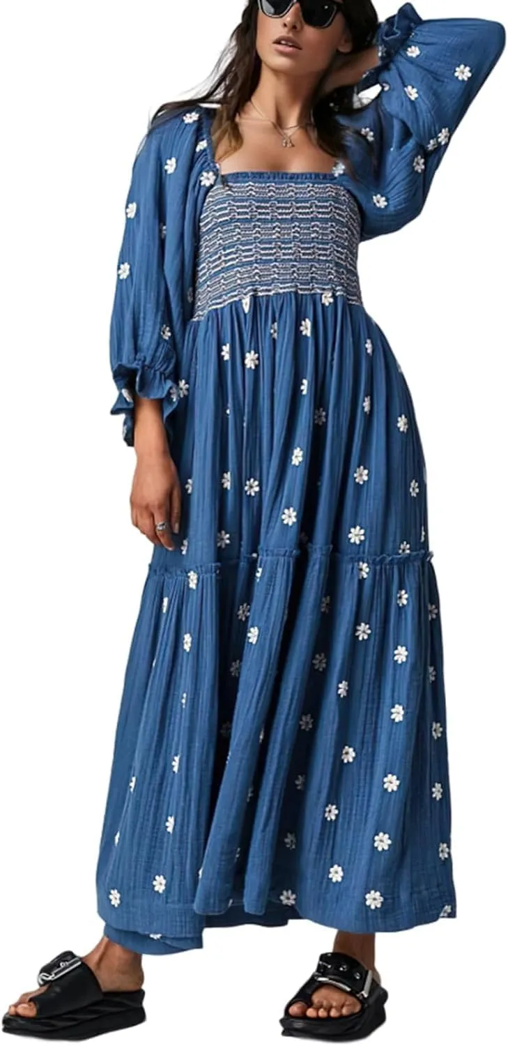 Womens Floral Embroidered Dresses Long Puff Sleeve Square Neck Smocked Tiered Ruffle Maxi Dress Beach Summer Spring Dresses