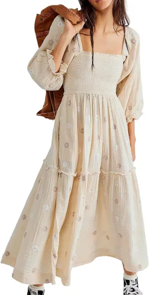 Womens Floral Embroidered Dresses Long Puff Sleeve Square Neck Smocked Tiered Ruffle Maxi Dress Beach Summer Spring Dresses