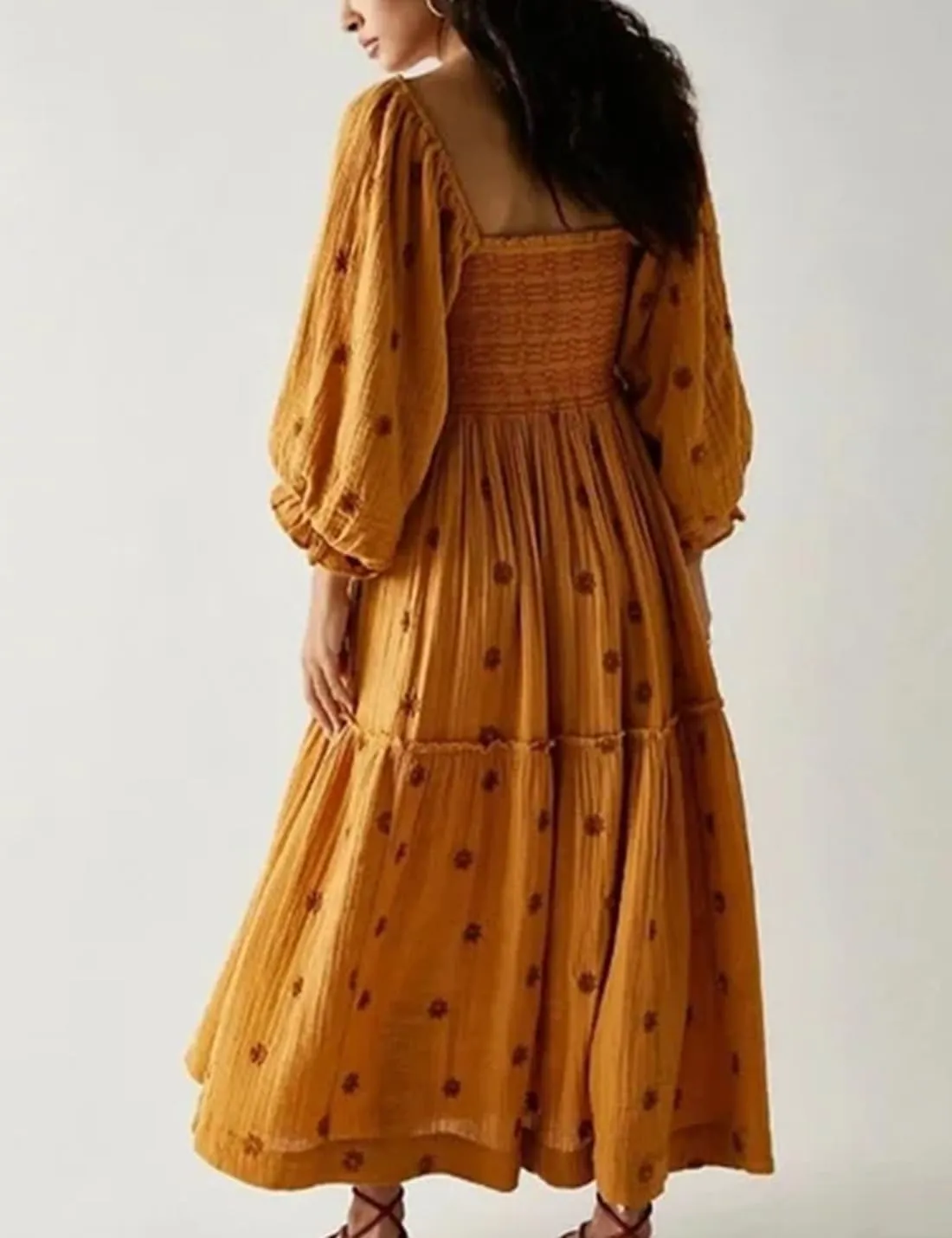 Womens Floral Embroidered Dresses Long Puff Sleeve Square Neck Smocked Tiered Ruffle Maxi Dress Beach Summer Spring Dresses