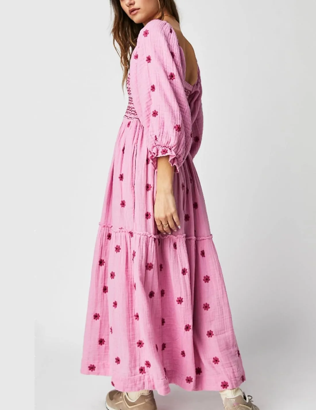 Womens Floral Embroidered Dresses Long Puff Sleeve Square Neck Smocked Tiered Ruffle Maxi Dress Beach Summer Spring Dresses