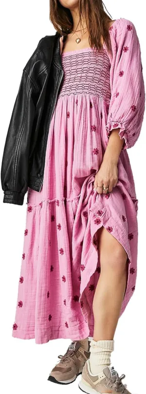 Womens Floral Embroidered Dresses Long Puff Sleeve Square Neck Smocked Tiered Ruffle Maxi Dress Beach Summer Spring Dresses