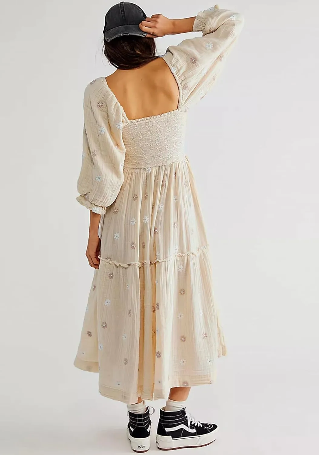 Womens Floral Embroidered Dresses Long Puff Sleeve Square Neck Smocked Tiered Ruffle Maxi Dress Beach Summer Spring Dresses