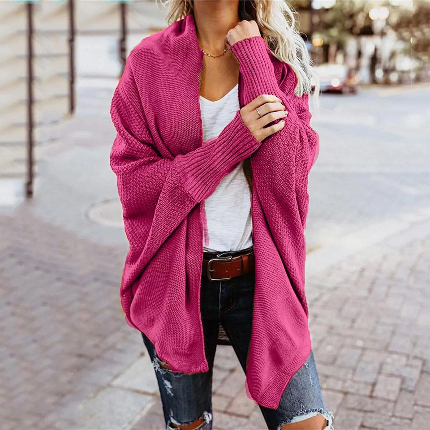 Women's Kimono Batwing Cable Open Front Knitted Cardigan Slouchy Oversized Wrap Sweater Outwear Coats Solid Color