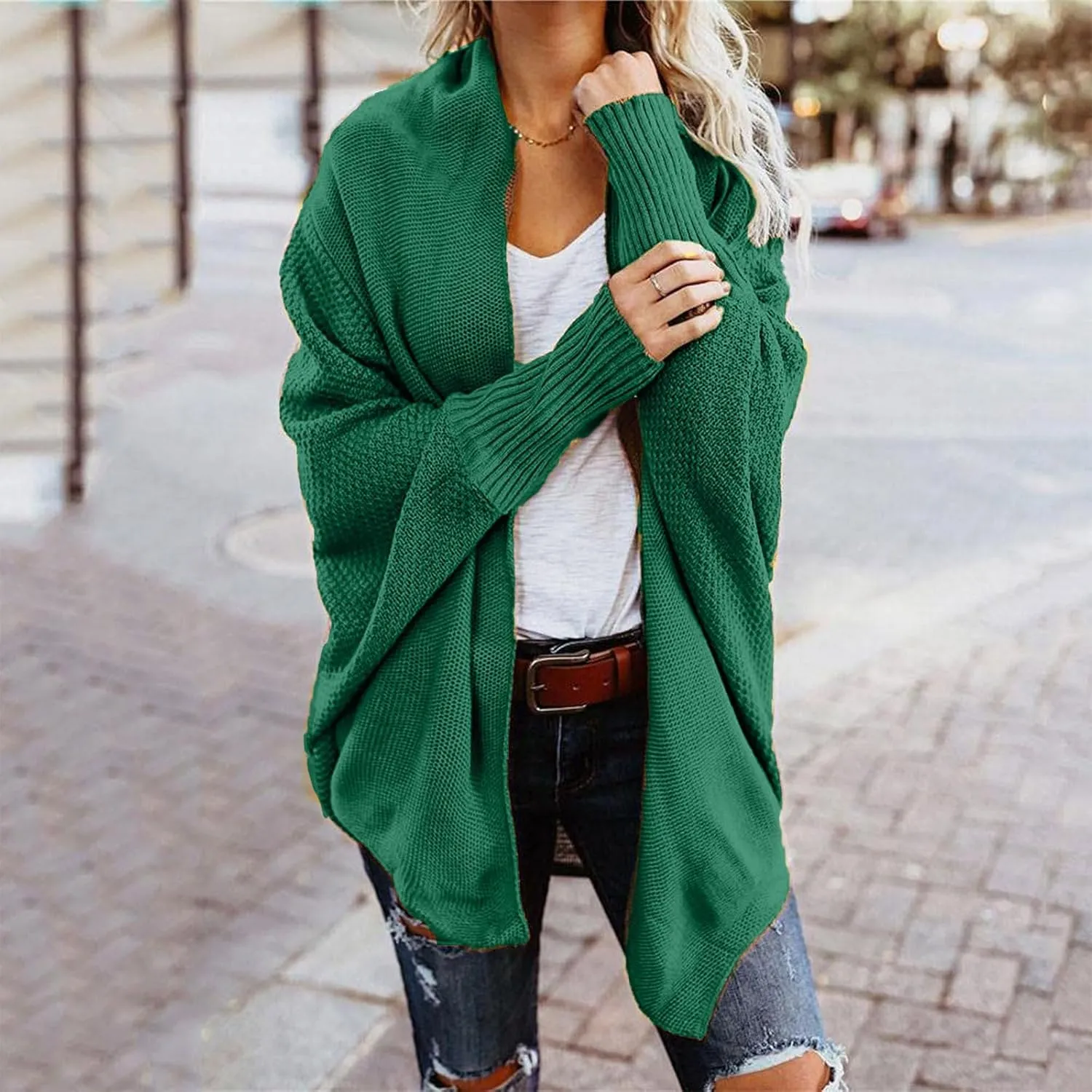 Women's Kimono Batwing Cable Open Front Knitted Cardigan Slouchy Oversized Wrap Sweater Outwear Coats Solid Color