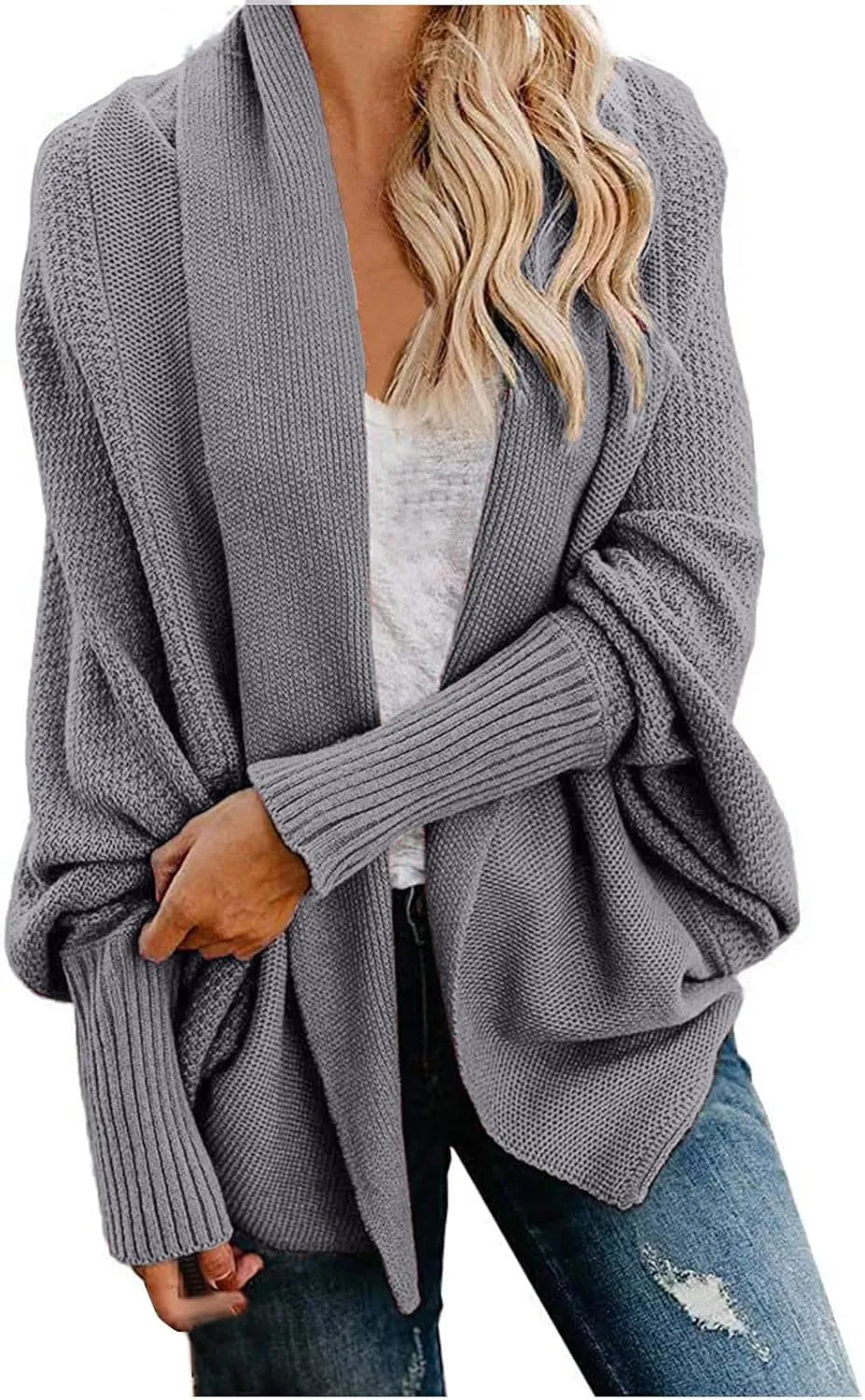 Women's Kimono Batwing Cable Open Front Knitted Cardigan Slouchy Oversized Wrap Sweater Outwear Coats Solid Color