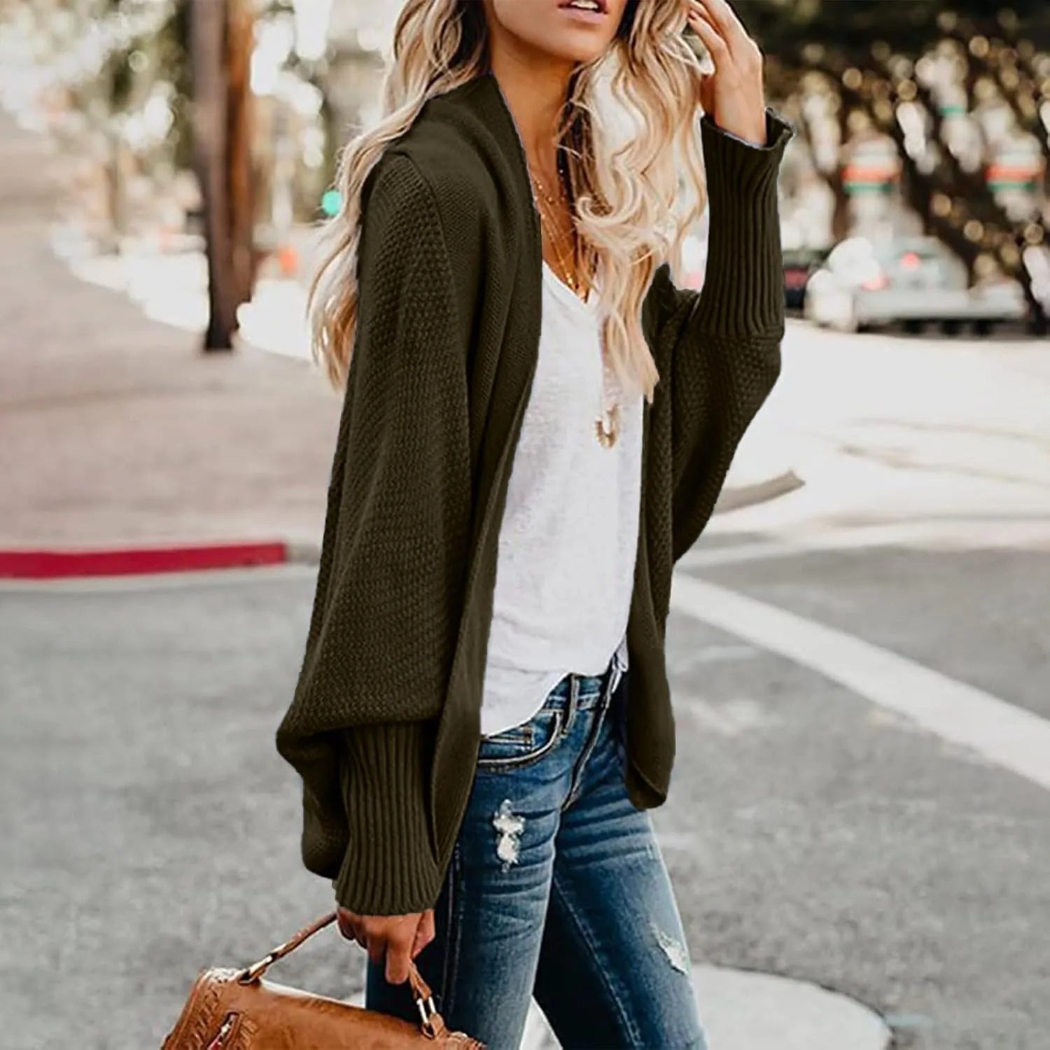 Women's Kimono Batwing Cable Open Front Knitted Cardigan Slouchy Oversized Wrap Sweater Outwear Coats Solid Color