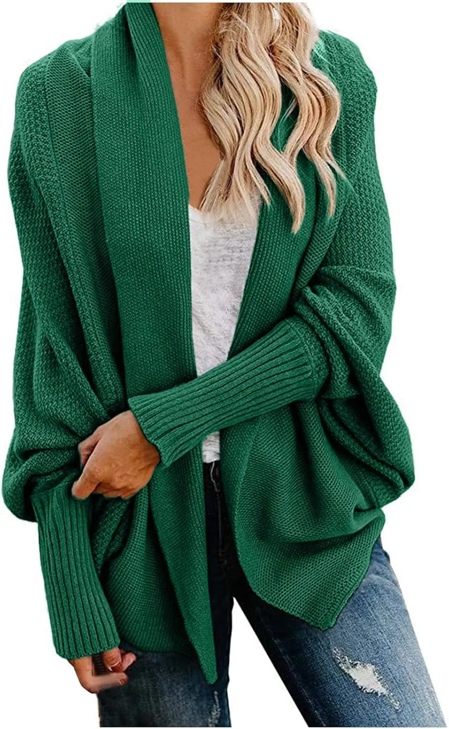 Women's Kimono Batwing Cable Open Front Knitted Cardigan Slouchy Oversized Wrap Sweater Outwear Coats Solid Color