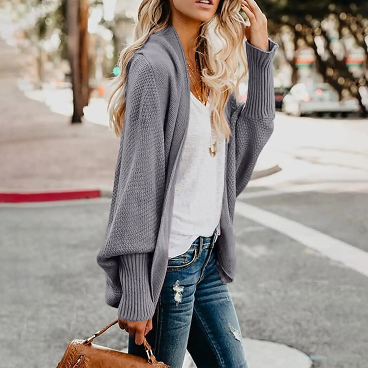 Women's Kimono Batwing Cable Open Front Knitted Cardigan Slouchy Oversized Wrap Sweater Outwear Coats Solid Color