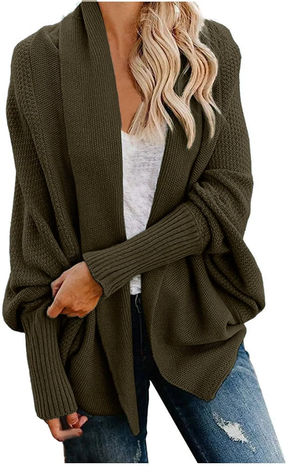 Women's Kimono Batwing Cable Open Front Knitted Cardigan Slouchy Oversized Wrap Sweater Outwear Coats Solid Color