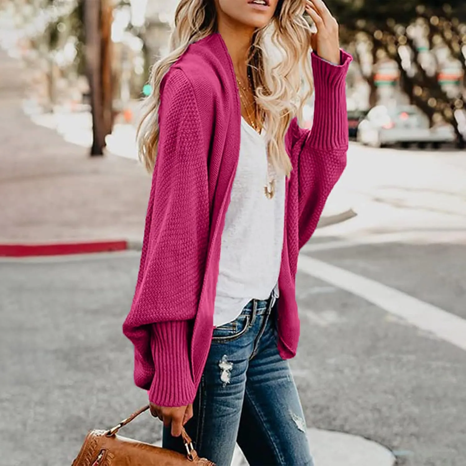 Women's Kimono Batwing Cable Open Front Knitted Cardigan Slouchy Oversized Wrap Sweater Outwear Coats Solid Color