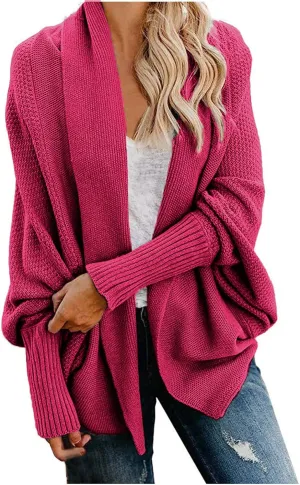 Women's Kimono Batwing Cable Open Front Knitted Cardigan Slouchy Oversized Wrap Sweater Outwear Coats Solid Color