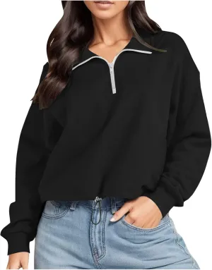Women's Lapel Long Sleeve Sweatshirts Cropped Pullover Fleece Quarter Zipper Pullover Tops Fall Winter Outfits Clothes