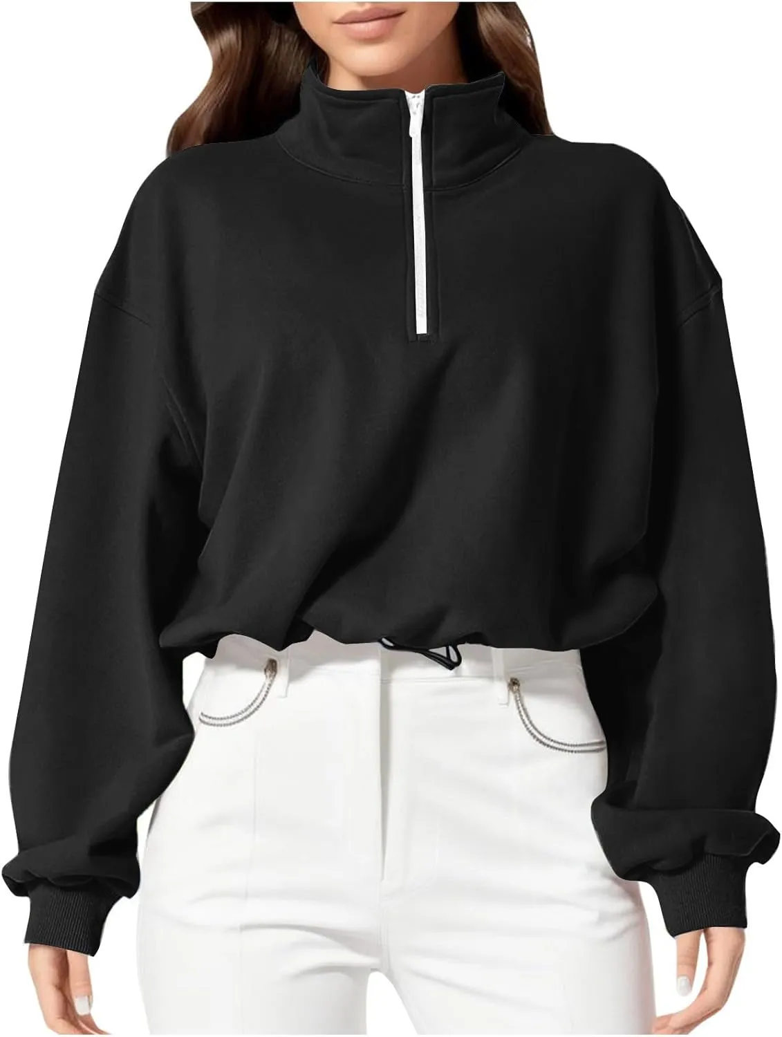 Women's Lapel Long Sleeve Sweatshirts Cropped Pullover Fleece Quarter Zipper Pullover Tops Fall Winter Outfits Clothes