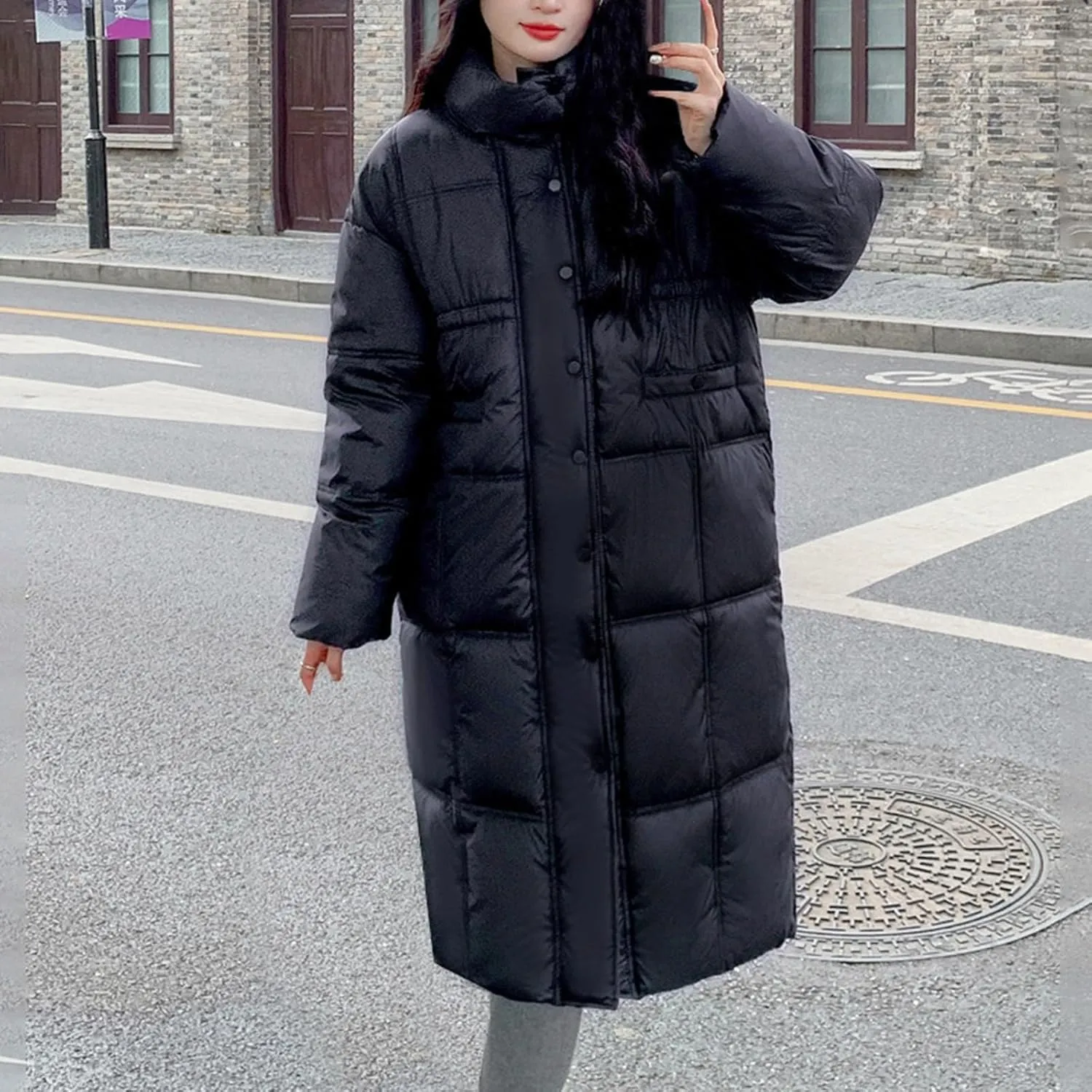 Womens Lightweight Quilted Jackets Long Puffer Down Jacket with Pockets Thickened Warm Quilted Winter Coat Outerwear
