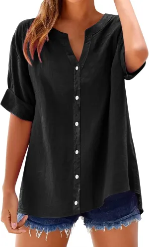 Womens Linen Button Down Shirts Summer 2025 Roll up Sleeve Oversized Boyfriend Solid Tops Casual Dressy Blouses
