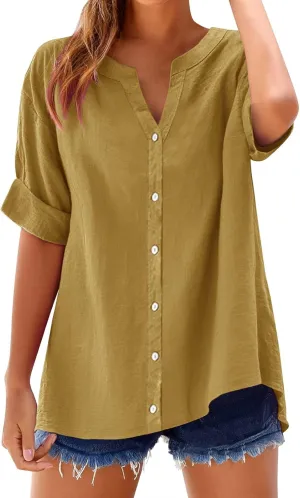 Womens Linen Button Down Shirts Summer 2025 Roll up Sleeve Oversized Boyfriend Solid Tops Casual Dressy Blouses