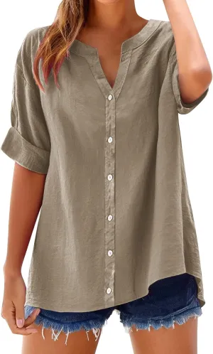 Womens Linen Button Down Shirts Summer 2025 Roll up Sleeve Oversized Boyfriend Solid Tops Casual Dressy Blouses