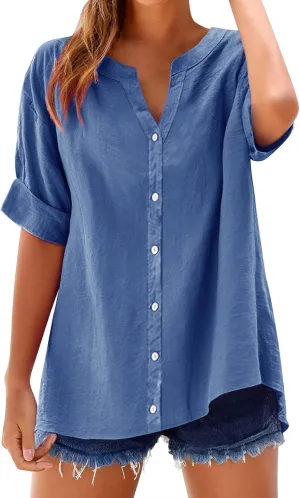 Womens Linen Button Down Shirts Summer 2025 Roll up Sleeve Oversized Boyfriend Solid Tops Casual Dressy Blouses
