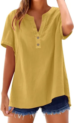 Women's Linen V Neck Shirt Trendy Short Sleeve Button Summer T-Shirts Loose Vacation Beach Solid Blouses Tunic Tops