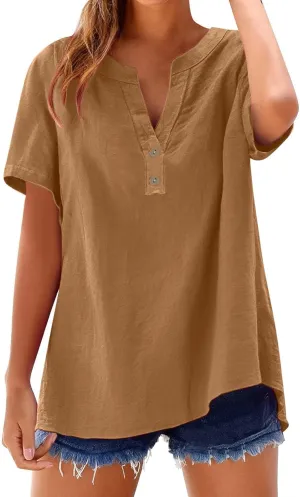 Women's Linen V Neck Shirt Trendy Short Sleeve Button Summer T-Shirts Loose Vacation Beach Solid Blouses Tunic Tops