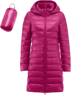 Women's Long Down Coats Packable Puffer Jacket Hooded Winter Ultra Light Quilted Winter Coats with Pockets Outerwear