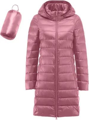 Women's Long Down Coats Packable Puffer Jacket Hooded Winter Ultra Light Quilted Winter Coats with Pockets Outerwear