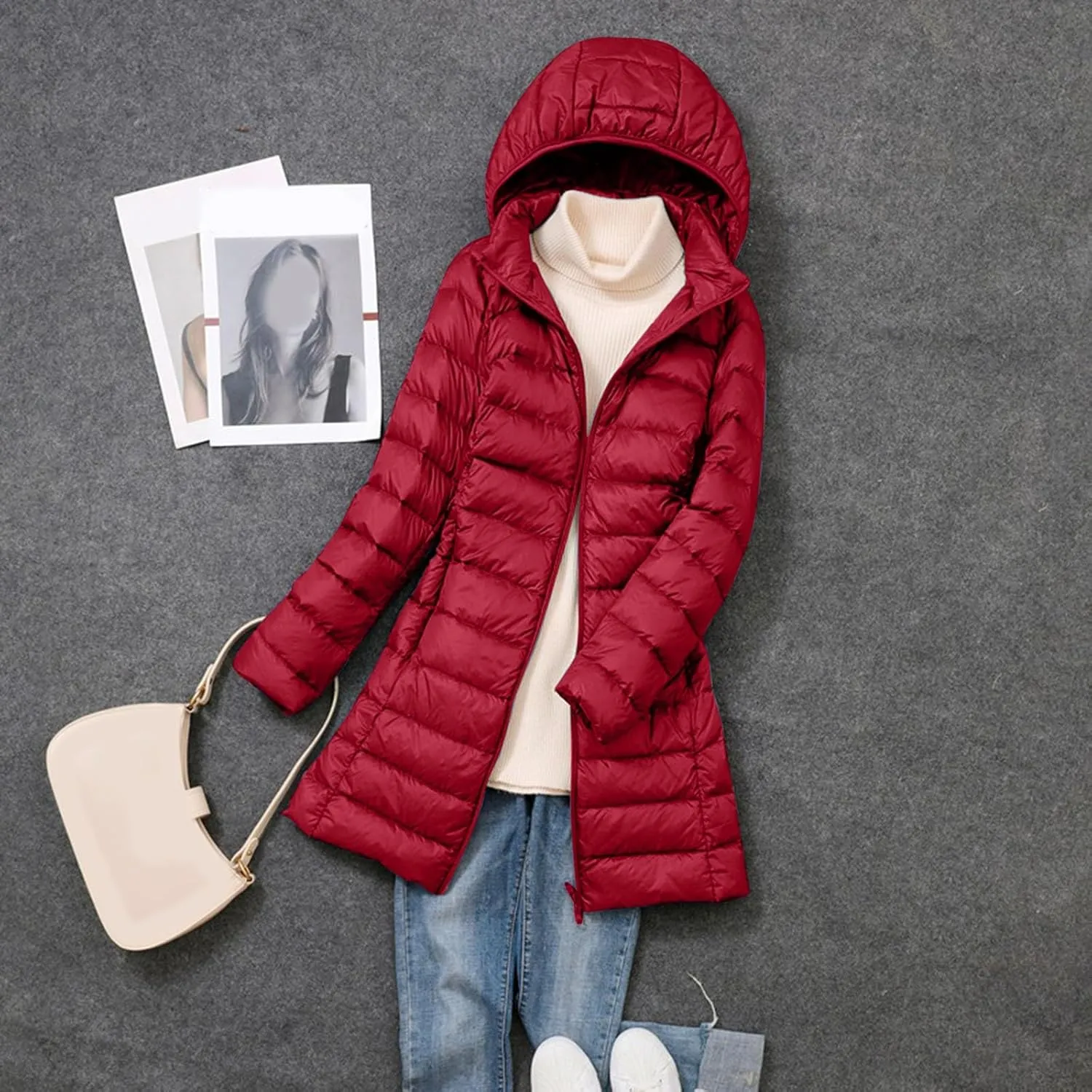 Women's Long Down Coats Packable Puffer Jacket Hooded Winter Ultra Light Quilted Winter Coats with Pockets Outerwear