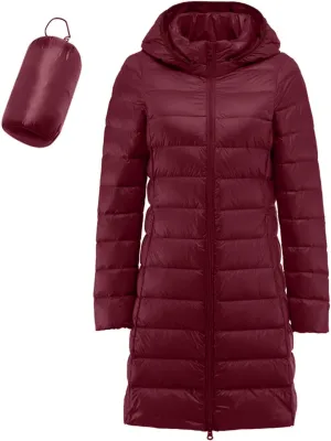 Women's Long Down Coats Packable Puffer Jacket Hooded Winter Ultra Light Quilted Winter Coats with Pockets Outerwear