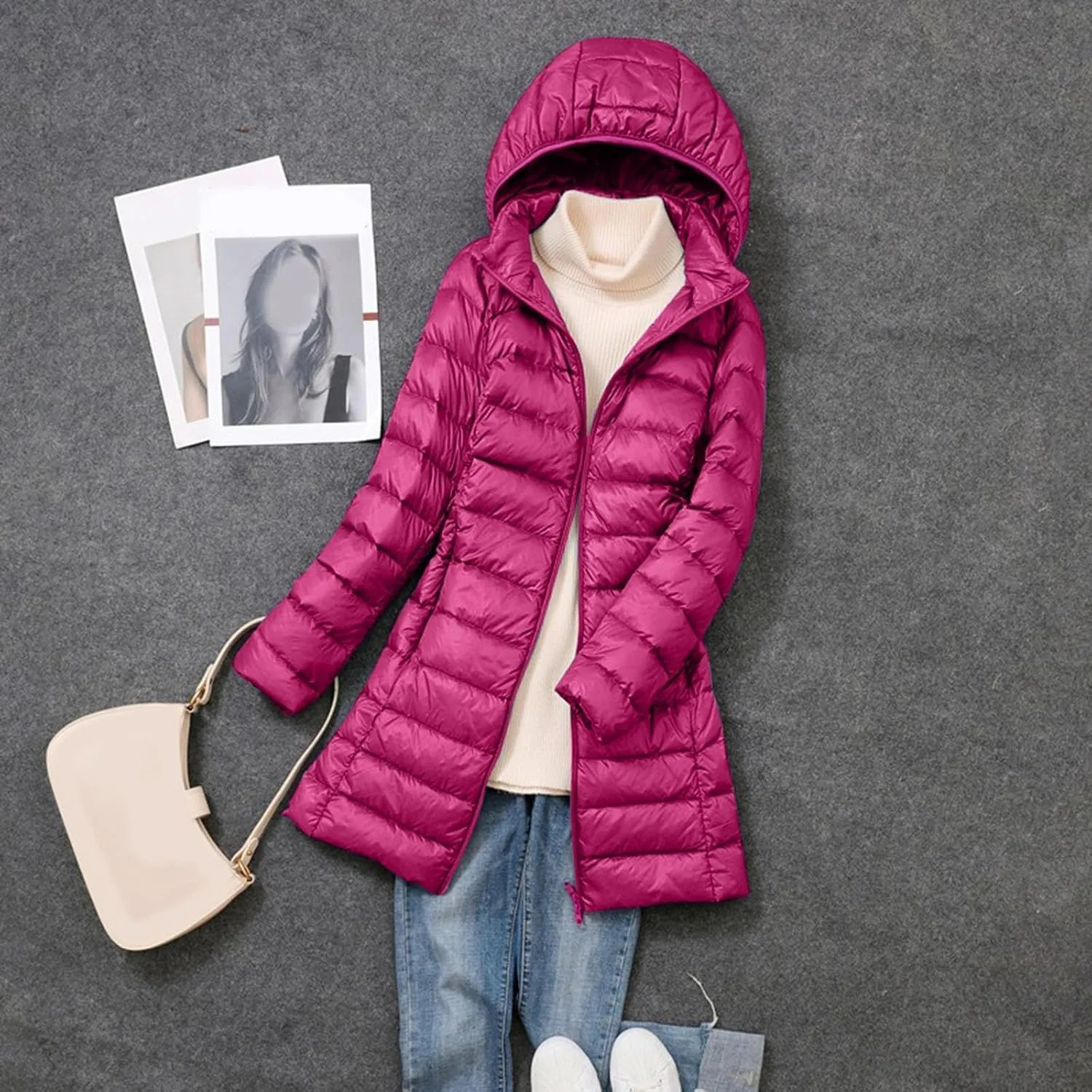 Women's Long Down Coats Packable Puffer Jacket Hooded Winter Ultra Light Quilted Winter Coats with Pockets Outerwear