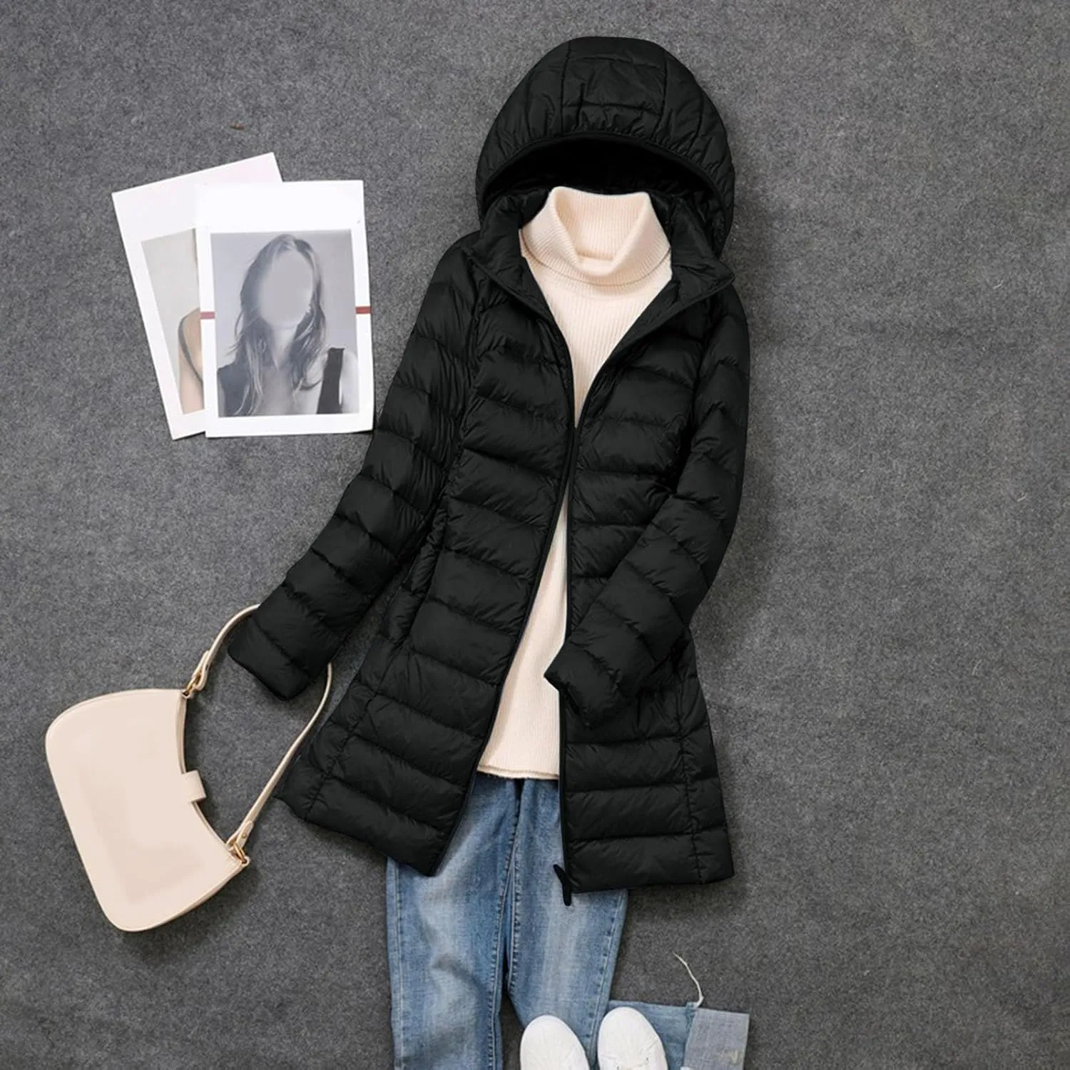 Women's Long Down Coats Packable Puffer Jacket Hooded Winter Ultra Light Quilted Winter Coats with Pockets Outerwear