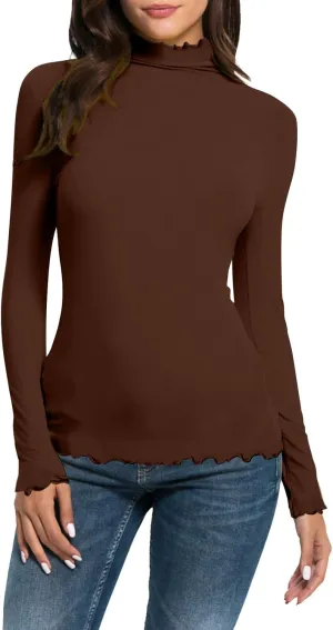 Womens Long Sleeve Crew Neck Basic Top Fall Trendy Curling Design Base Blouse Half Turtleneck Casual Y2K Basic Tshirt