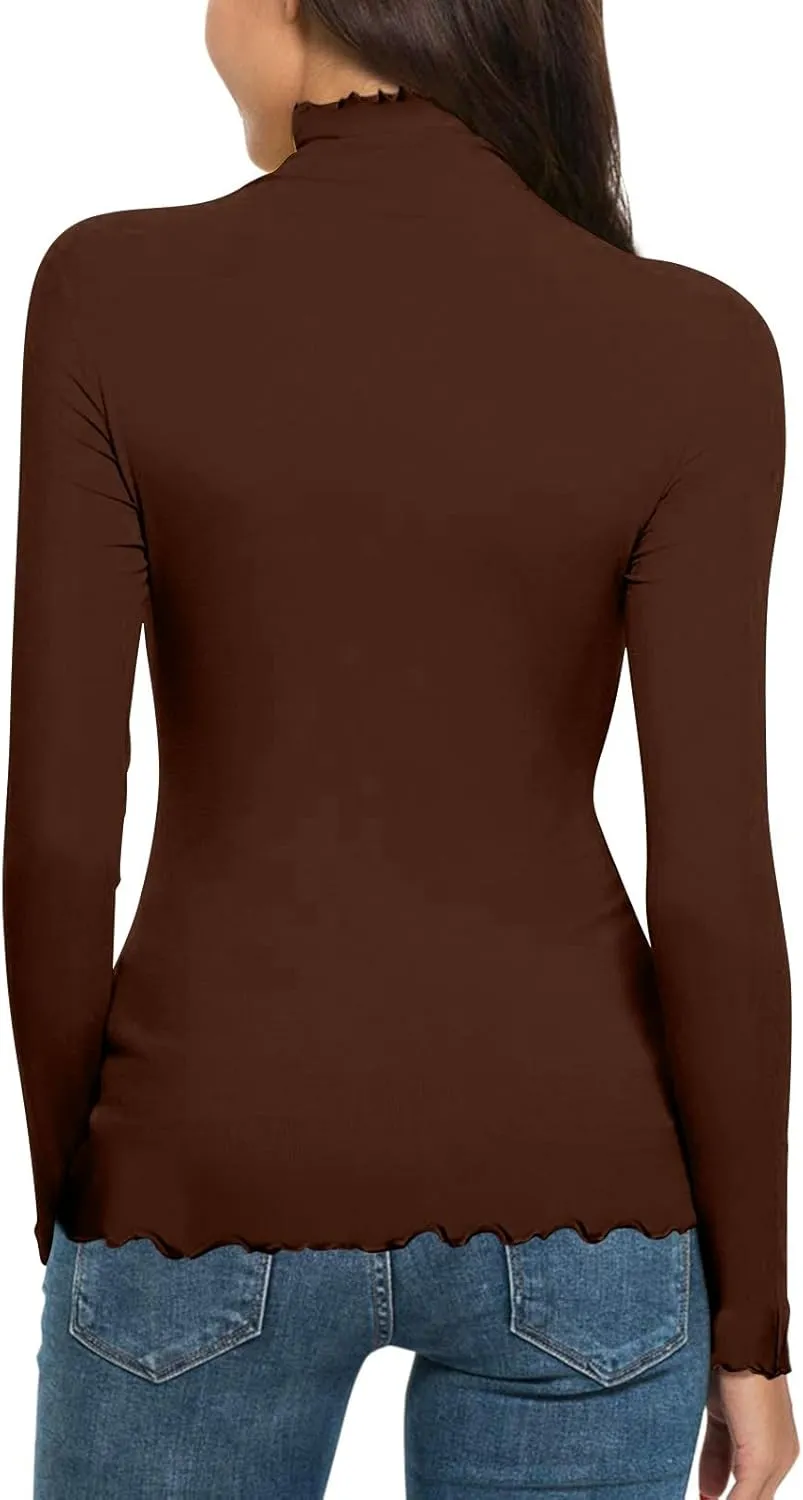 Womens Long Sleeve Crew Neck Basic Top Fall Trendy Curling Design Base Blouse Half Turtleneck Casual Y2K Basic Tshirt