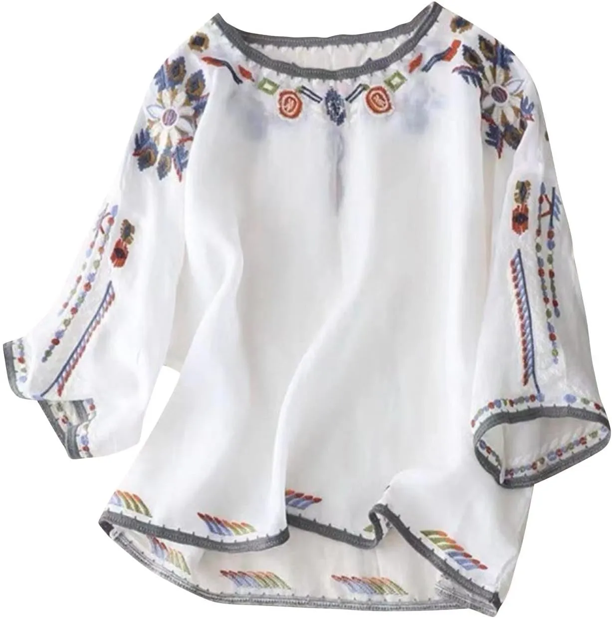 Womens Mexican Tops and Blouses Summer Embroidered Short Sleeve T-Shirt Vacation Round Neck Cotton Linen Tees, Black