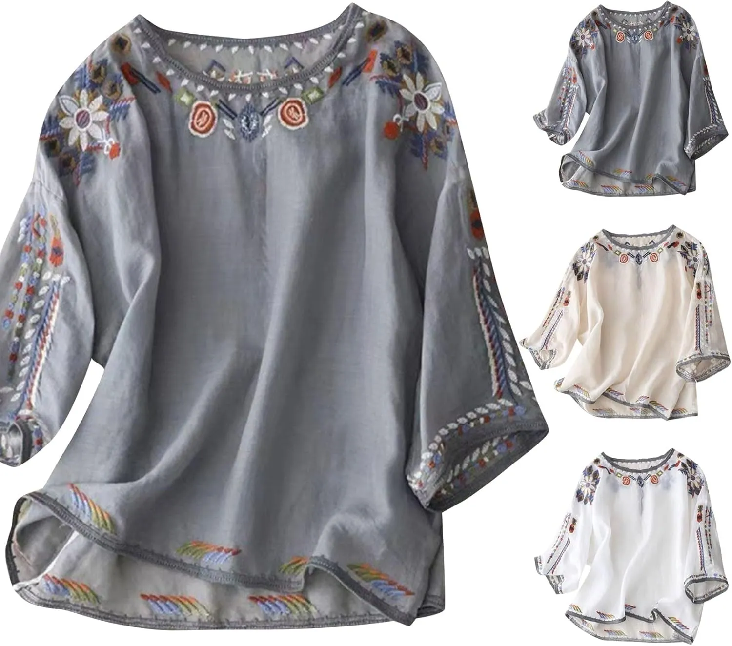 Womens Mexican Tops and Blouses Summer Embroidered Short Sleeve T-Shirt Vacation Round Neck Cotton Linen Tees, Black