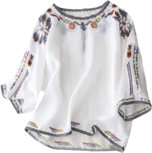 Womens Mexican Tops and Blouses Summer Embroidered Short Sleeve T-Shirt Vacation Round Neck Cotton Linen Tees, Black