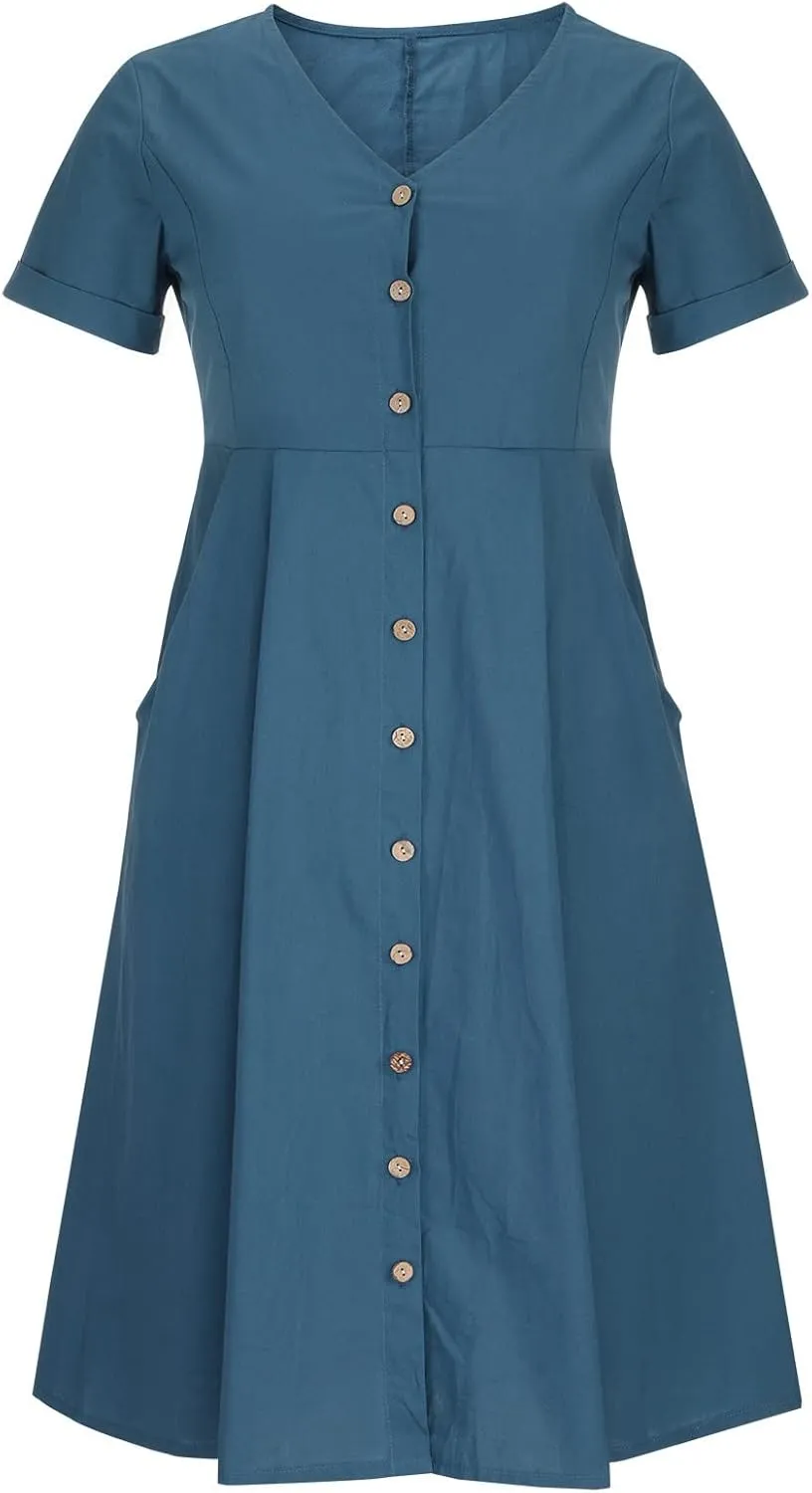 Womens Plus Size Cotton Linen Summer Dress Casual V-Neck Solid Short Sleeve Button Pocket T-Shirt Dress