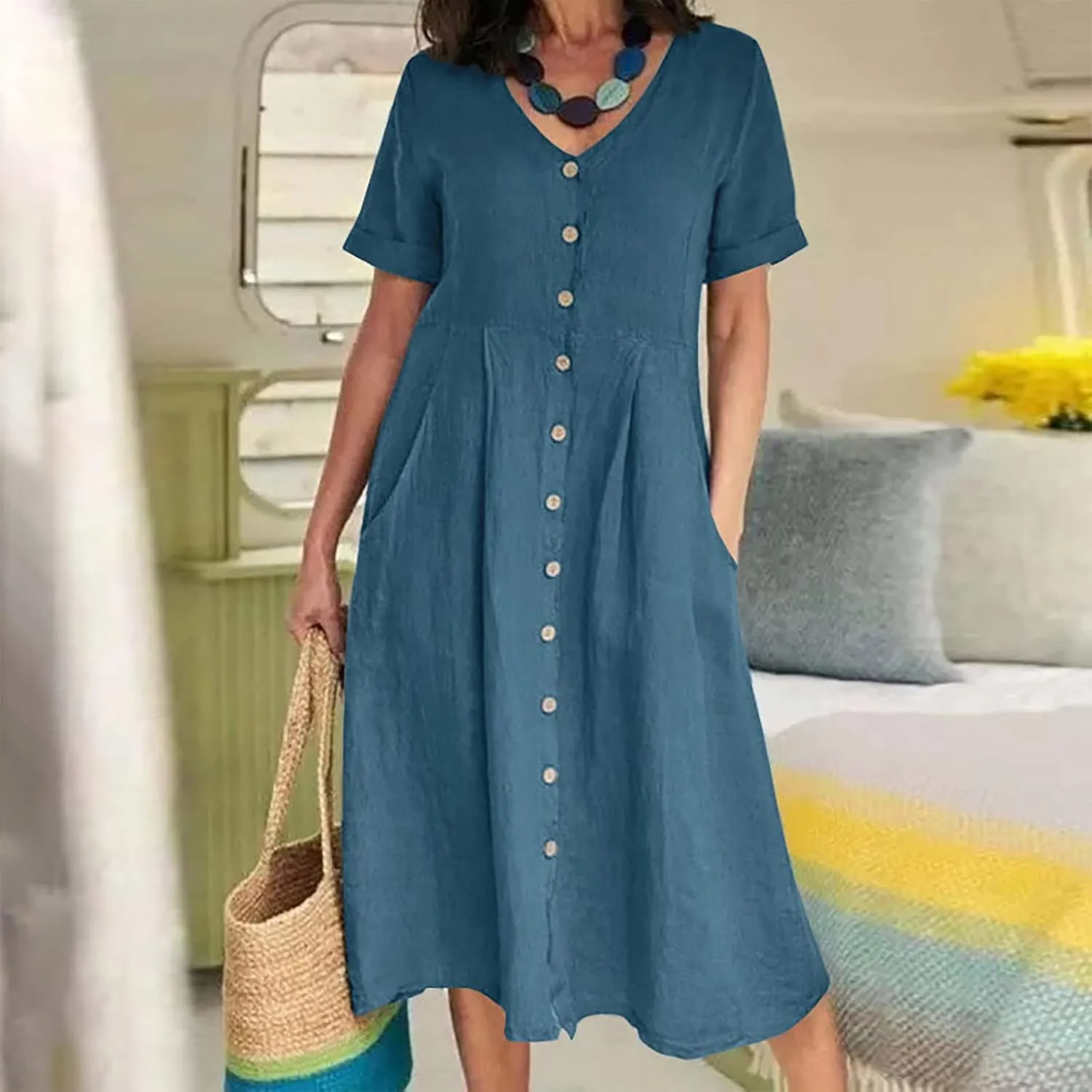 Womens Plus Size Cotton Linen Summer Dress Casual V-Neck Solid Short Sleeve Button Pocket T-Shirt Dress
