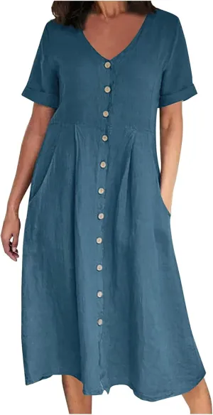 Womens Plus Size Cotton Linen Summer Dress Casual V-Neck Solid Short Sleeve Button Pocket T-Shirt Dress