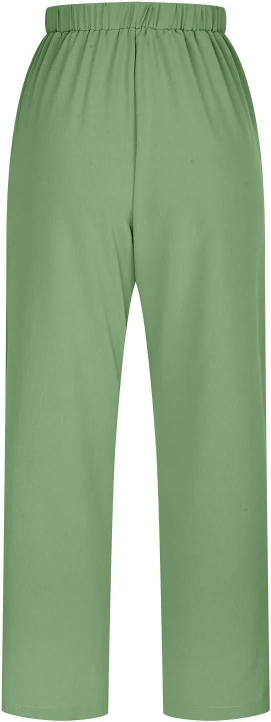 Women's Plus Size Straight Leg Long Pants Elastic High Waist Drawstring Jogger Yoga Beach Casual Trousers with Pockets