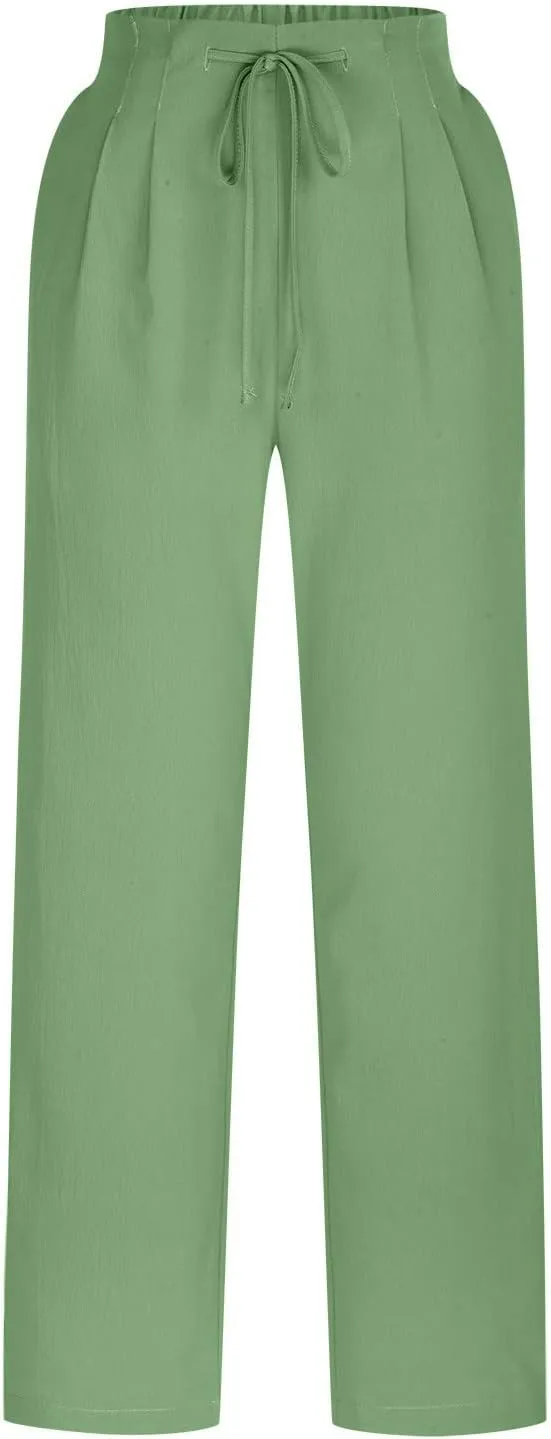 Women's Plus Size Straight Leg Long Pants Elastic High Waist Drawstring Jogger Yoga Beach Casual Trousers with Pockets