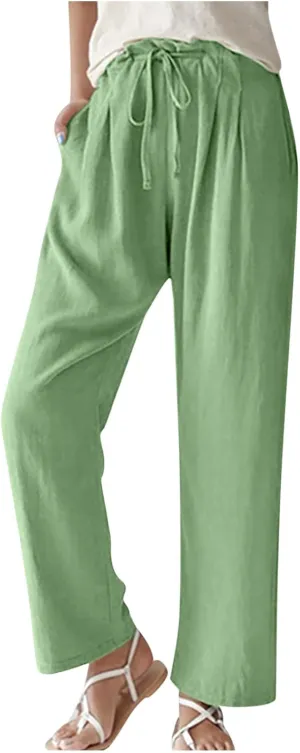 Women's Plus Size Straight Leg Long Pants Elastic High Waist Drawstring Jogger Yoga Beach Casual Trousers with Pockets