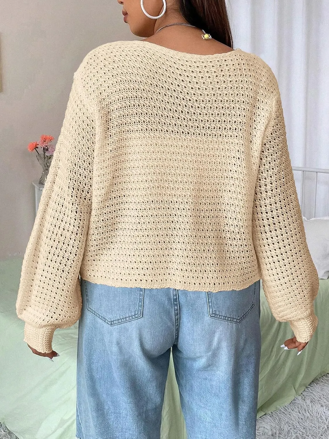 Women's Plus Size Tie Front Cardigan Hollow Out Open Knit Sweater Front Tie Shrug, Acrylic and Rayon Fabric