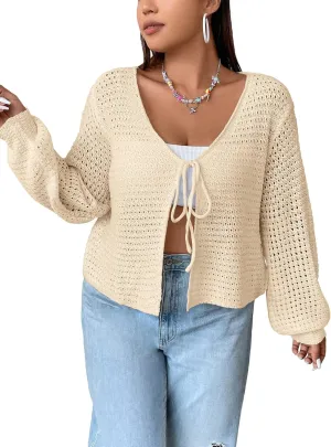Women's Plus Size Tie Front Cardigan Hollow Out Open Knit Sweater Front Tie Shrug, Acrylic and Rayon Fabric