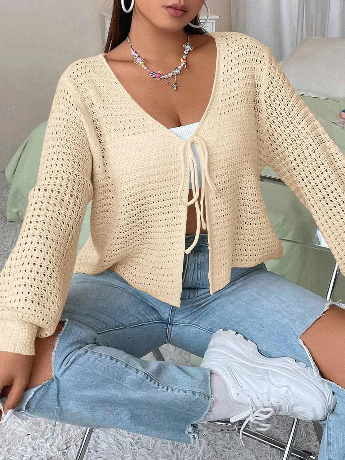 Women's Plus Size Tie Front Cardigan Hollow Out Open Knit Sweater Front Tie Shrug, Acrylic and Rayon Fabric
